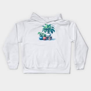 Pastel Houseplant Collection - Blue Border - Potted Plants Kids Hoodie